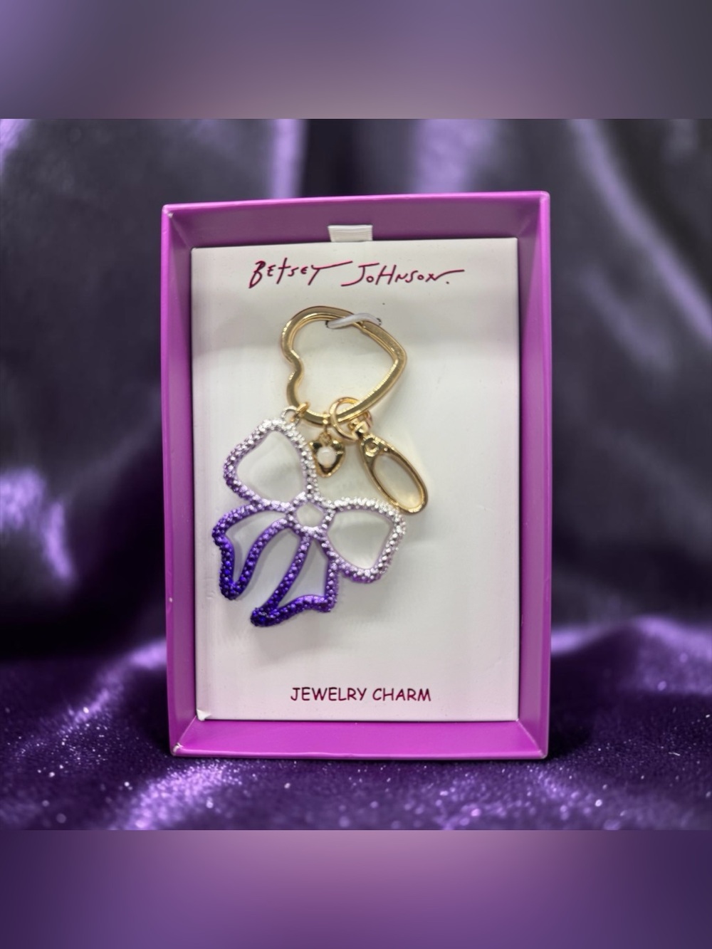💜🩶BETSEY JOHNSON💜🩶Purple & Silver Ombre’ Bow Keychain Charm/NIB